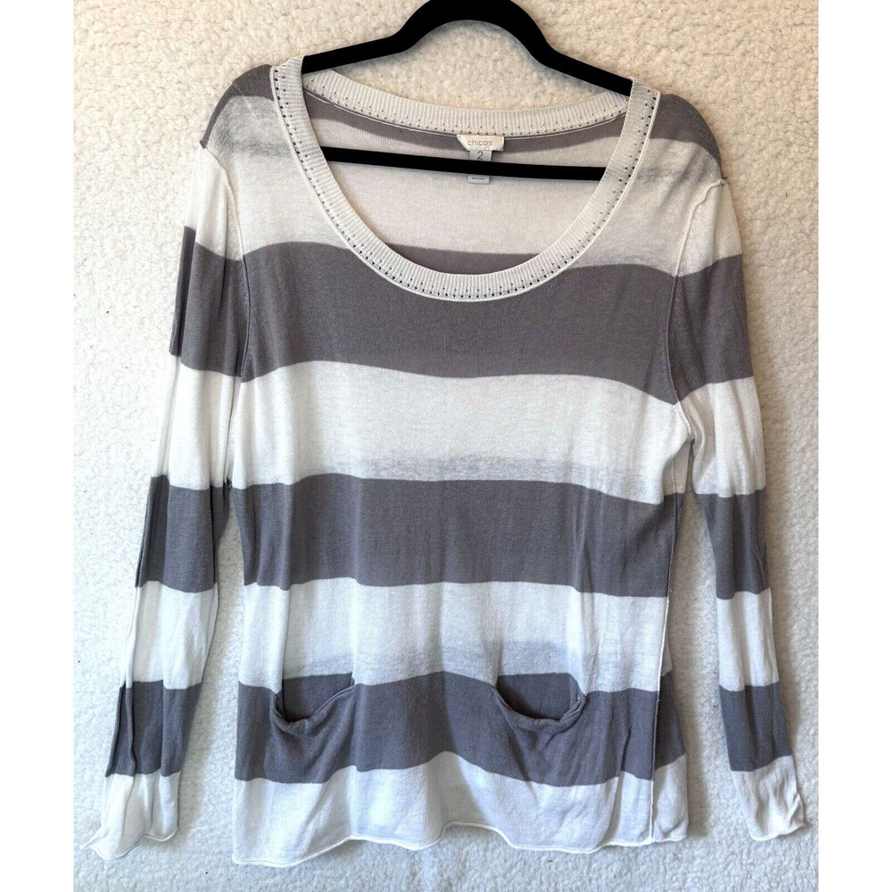 Chicos Sweater Size 2 Lge Linen Cotton‎ Blend Pockets  Gray White Striped Travel